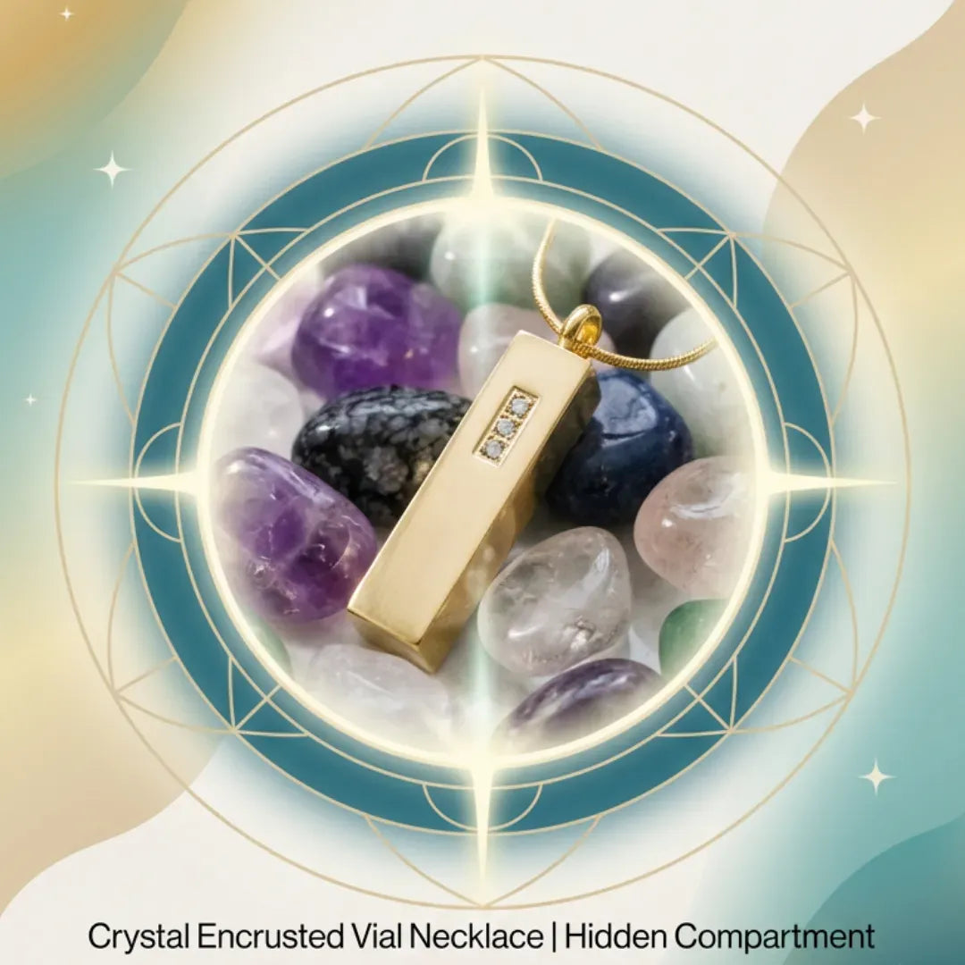 Crystal Encrusted Vial Necklace with stones on a decorative background