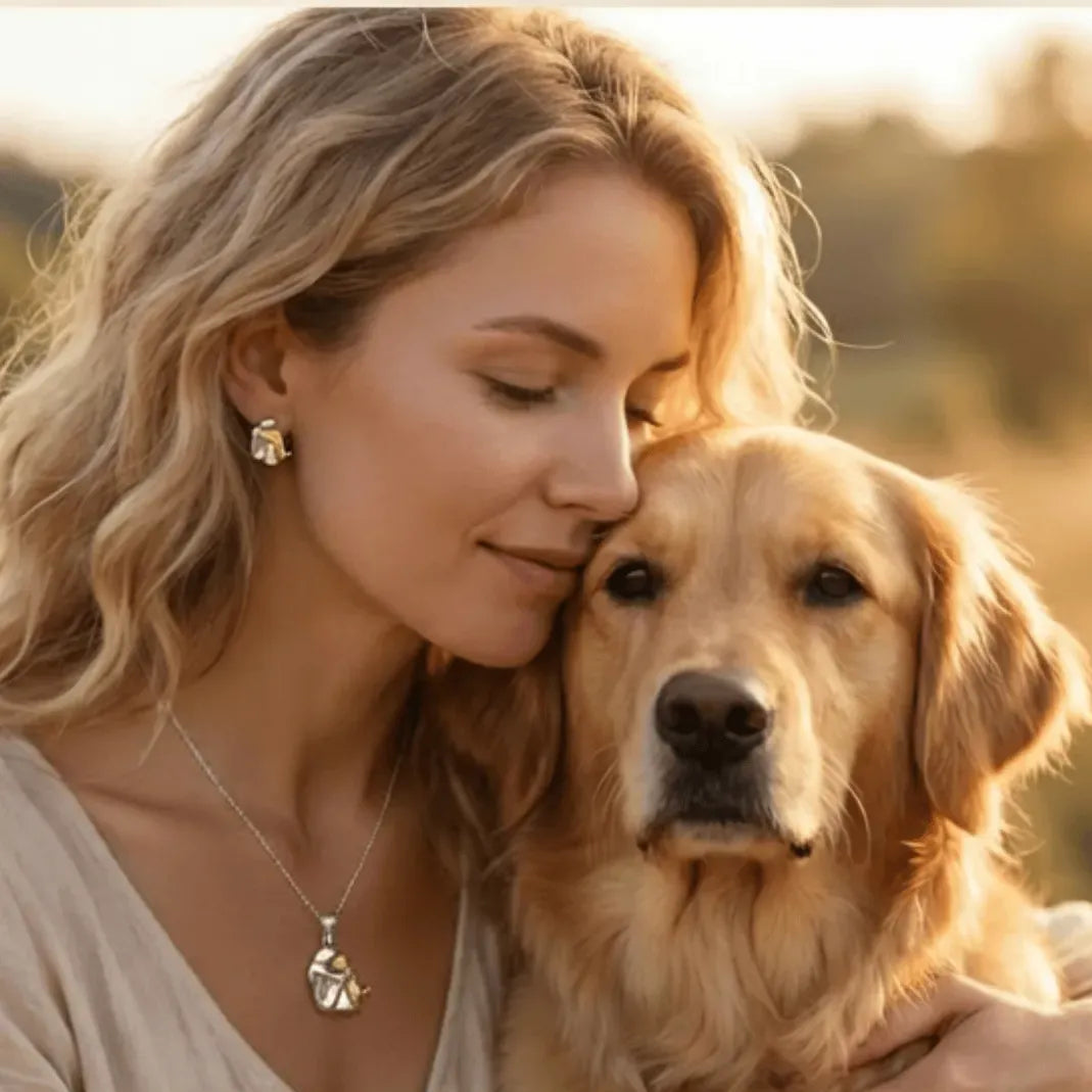 Woman with a golden retriever dog in a warm, outdoor setting
