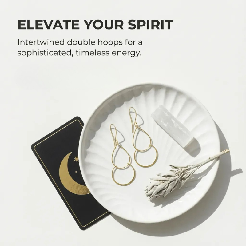 Gold earrings on a white dish with a tarot card and dried plant, text 'Elevate Your Spirit' above.