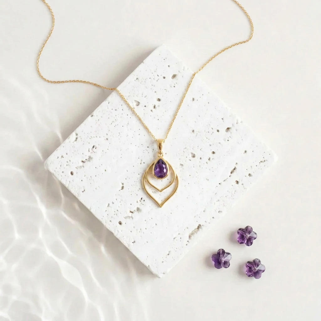 Gold Double Teardrop necklace with an amethyst purple faceted glass drop inside the open frame