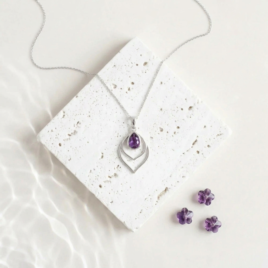 Silver Double Teardrop necklace with an amethyst purple faceted glass drop, February birthstone colour