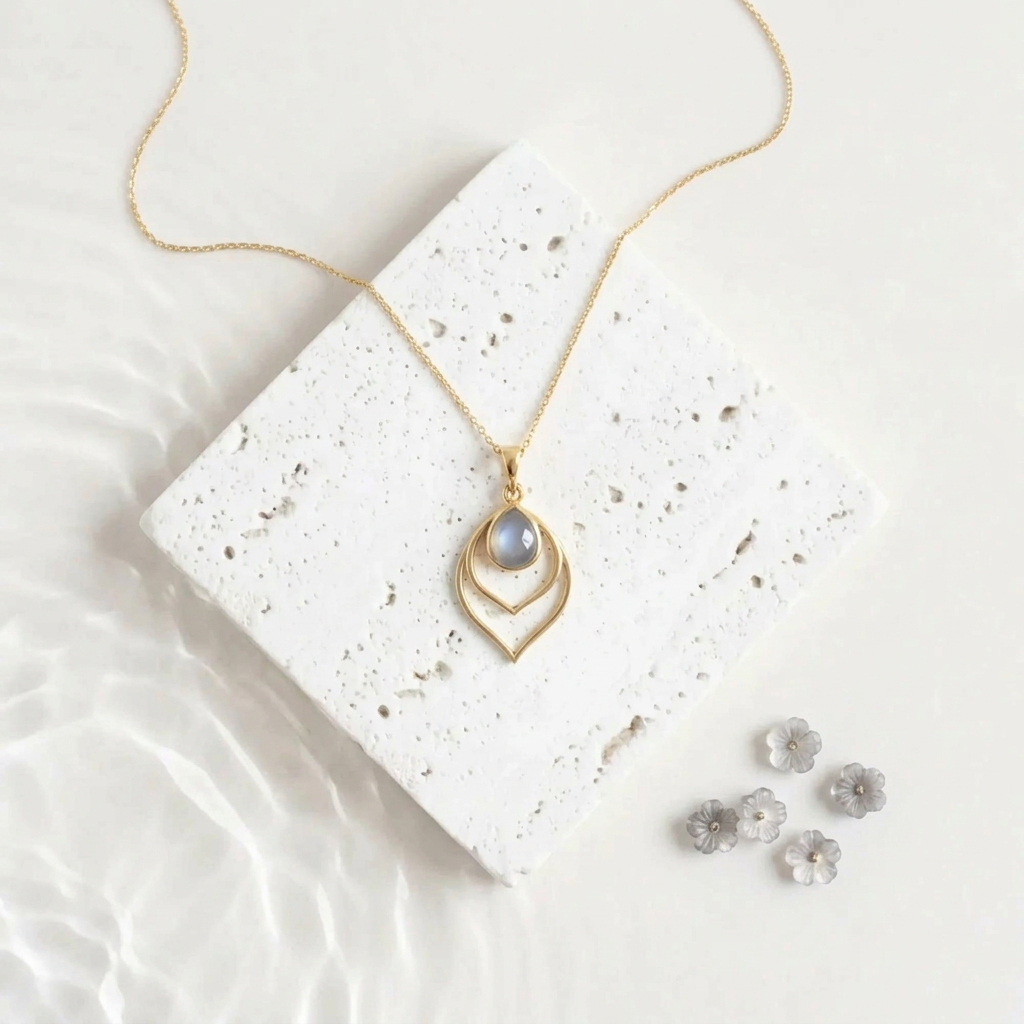 Gold Double Teardrop necklace with a Dusk smoky grey faceted glass drop inside the open frame