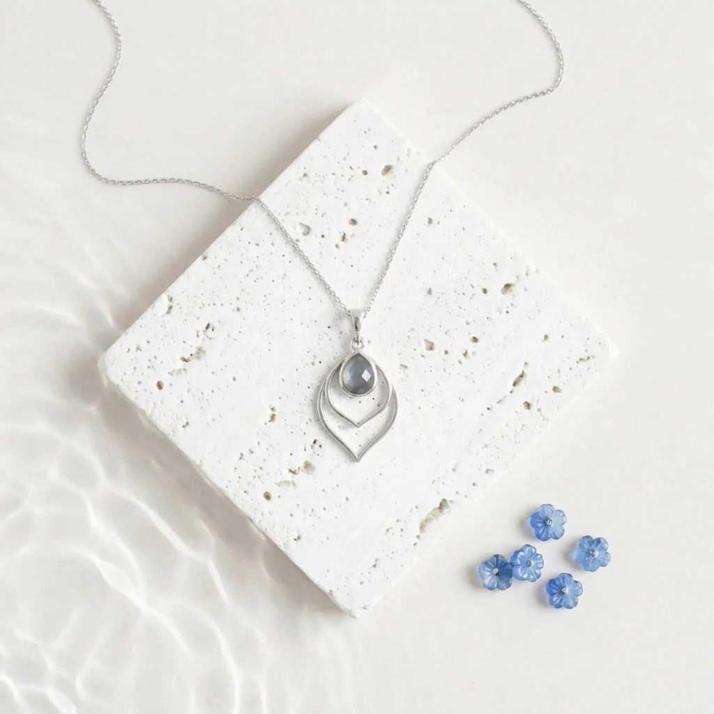 Silver Double Teardrop necklace with a Dusk smoky grey faceted glass drop