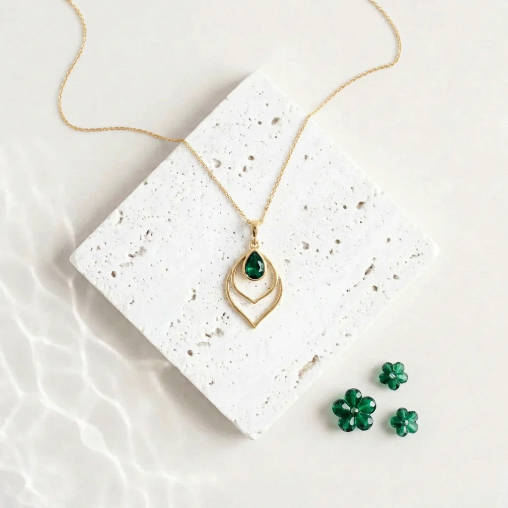 Gold Double Teardrop necklace with an emerald green faceted glass drop, May birthstone colour