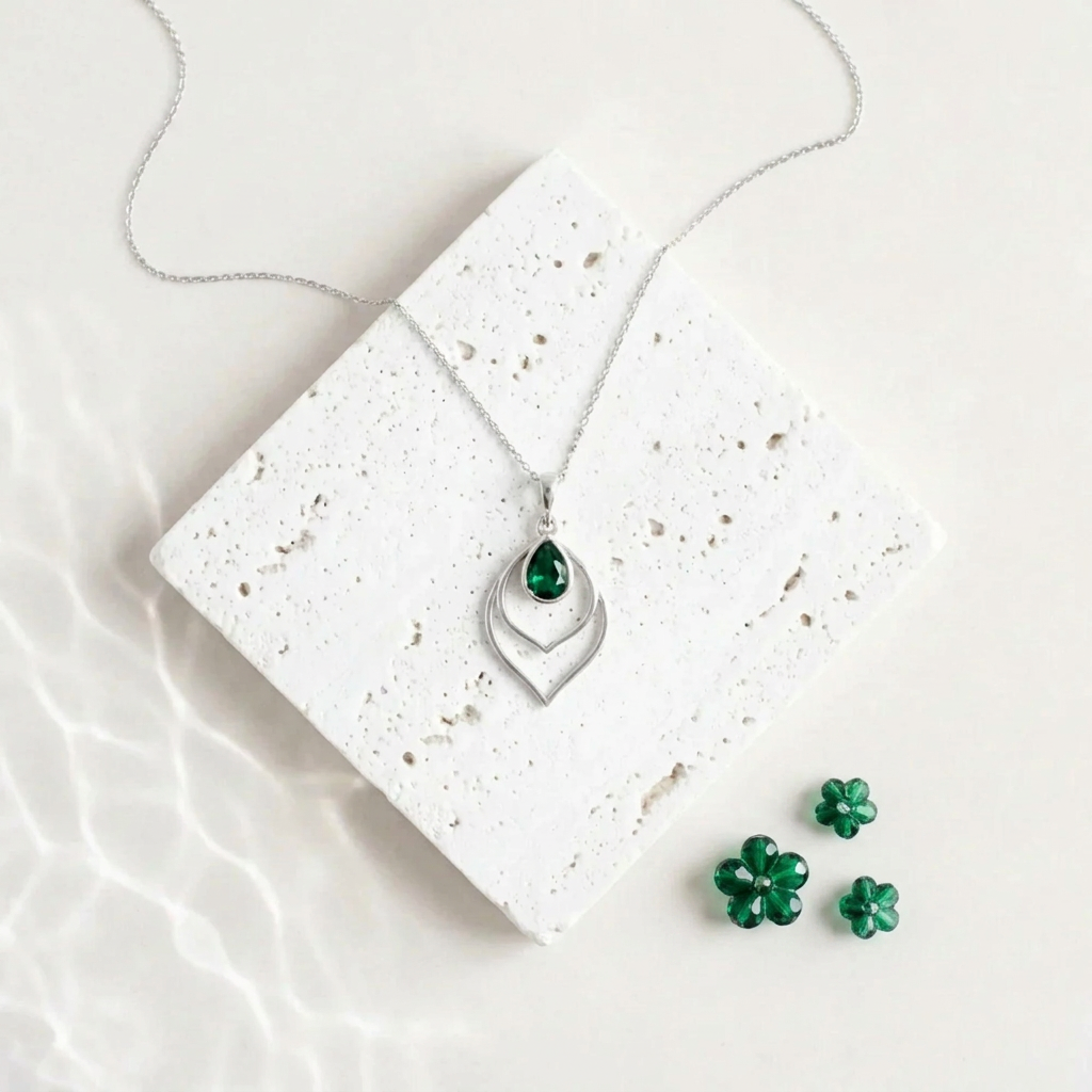 Silver Double Teardrop necklace with an emerald green faceted glass drop inside the open frame, May birthstone colour