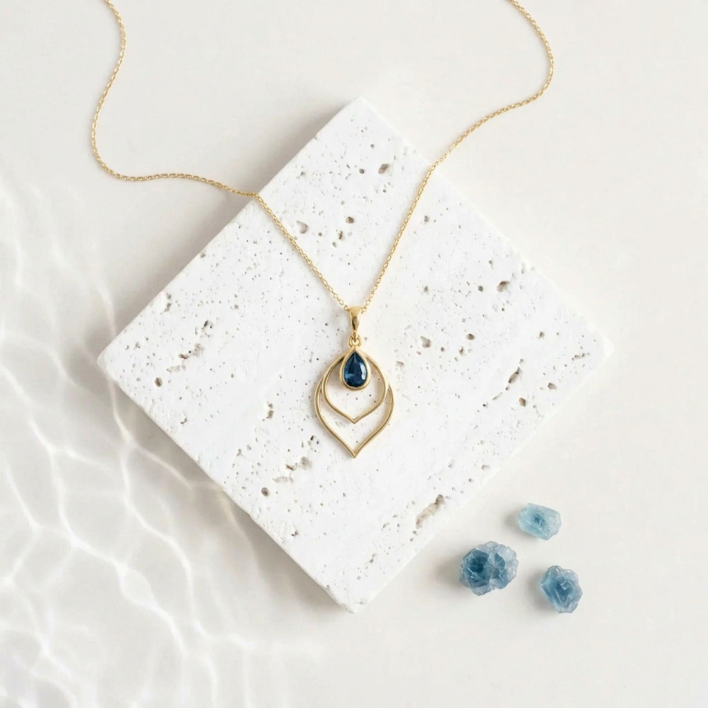 Gold Double Teardrop necklace with a sapphire blue faceted glass drop inside the open frame