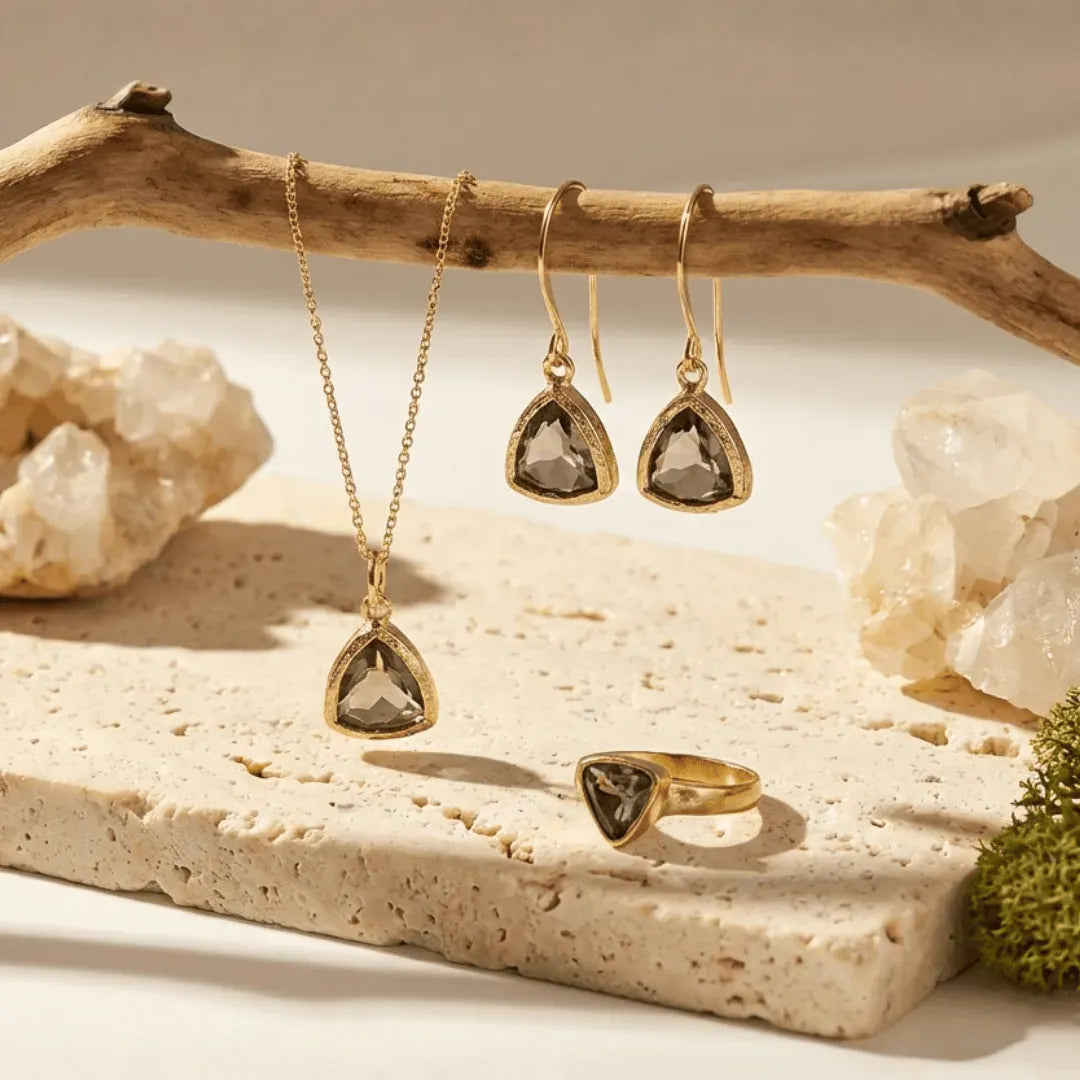 Gold jewelry set with necklace, earrings, and ring on a natural stone surface with crystals and moss.