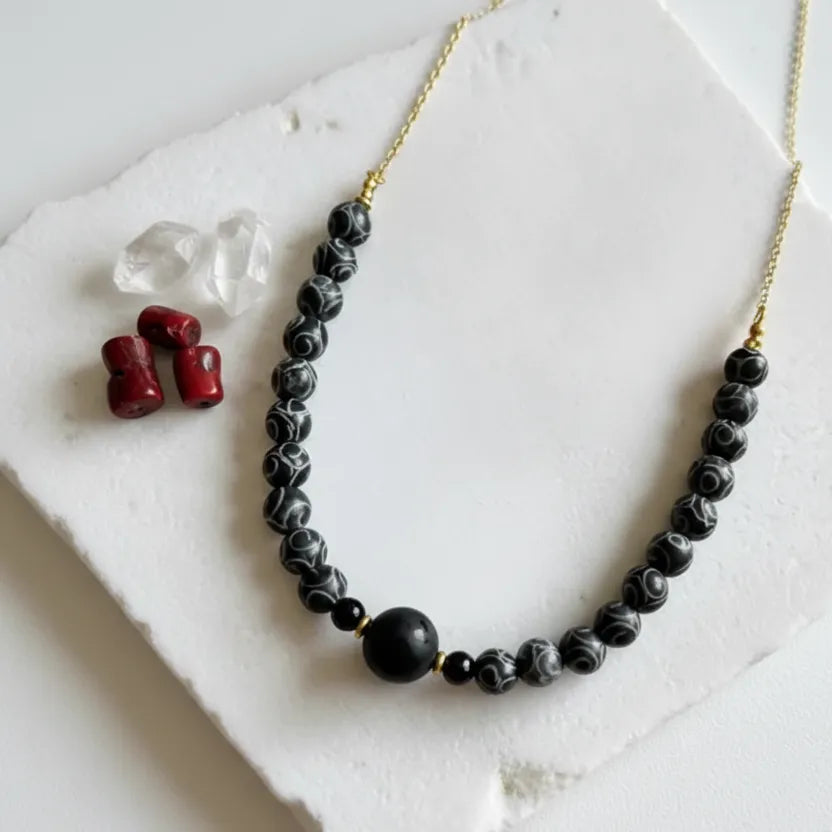 Dzi Bead, Coral & Brass agate dzi bead necklace, gold-plated, one-of-a-kind