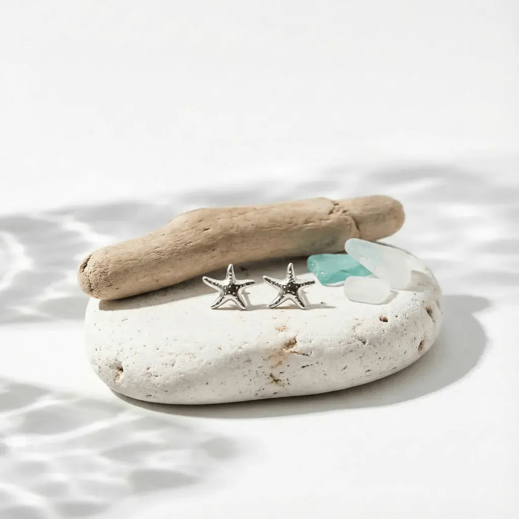 Silver starfish stud earrings — ocean spirit necklace for calm and flow