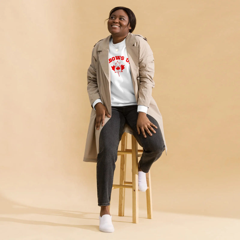 Elbows Up White Sweatshirt with red Elbows Up with Canadian Flag