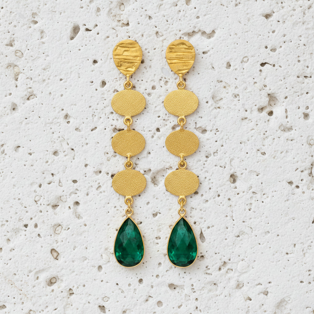 Emerald green statement drop earrings in gold