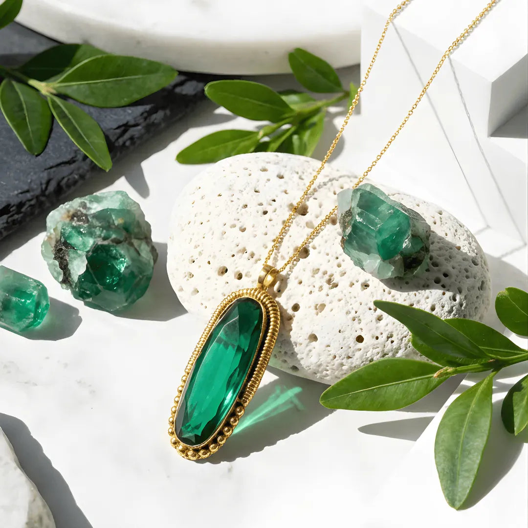 Green gemstone pendant necklace on a white stone with green leaves
