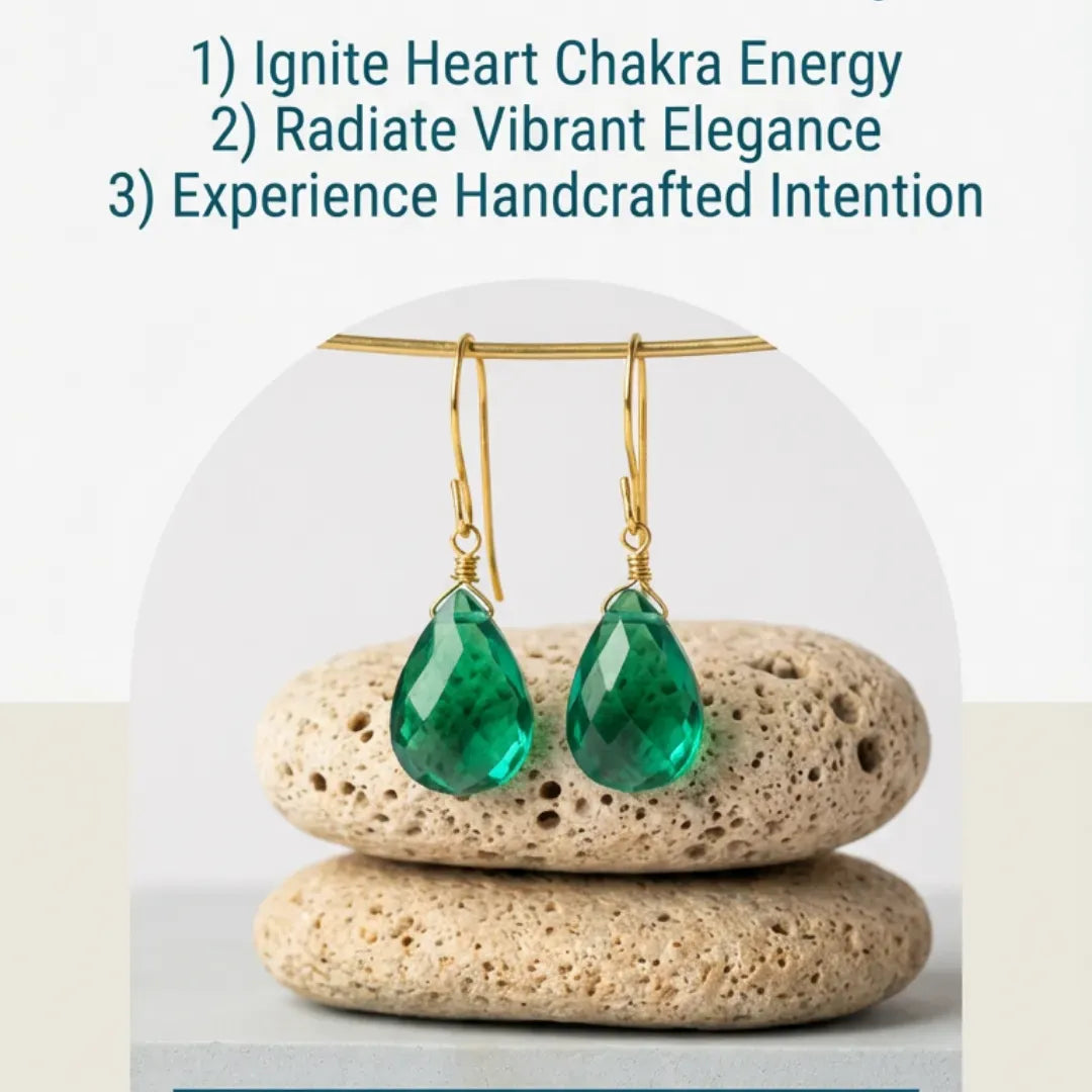 Green teardrop earrings on gold hooks displayed on stones with text about chakra energy and elegance.