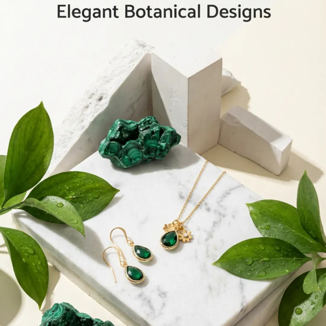 Jewelry set with green gemstones on a marble surface with decorative leaves.