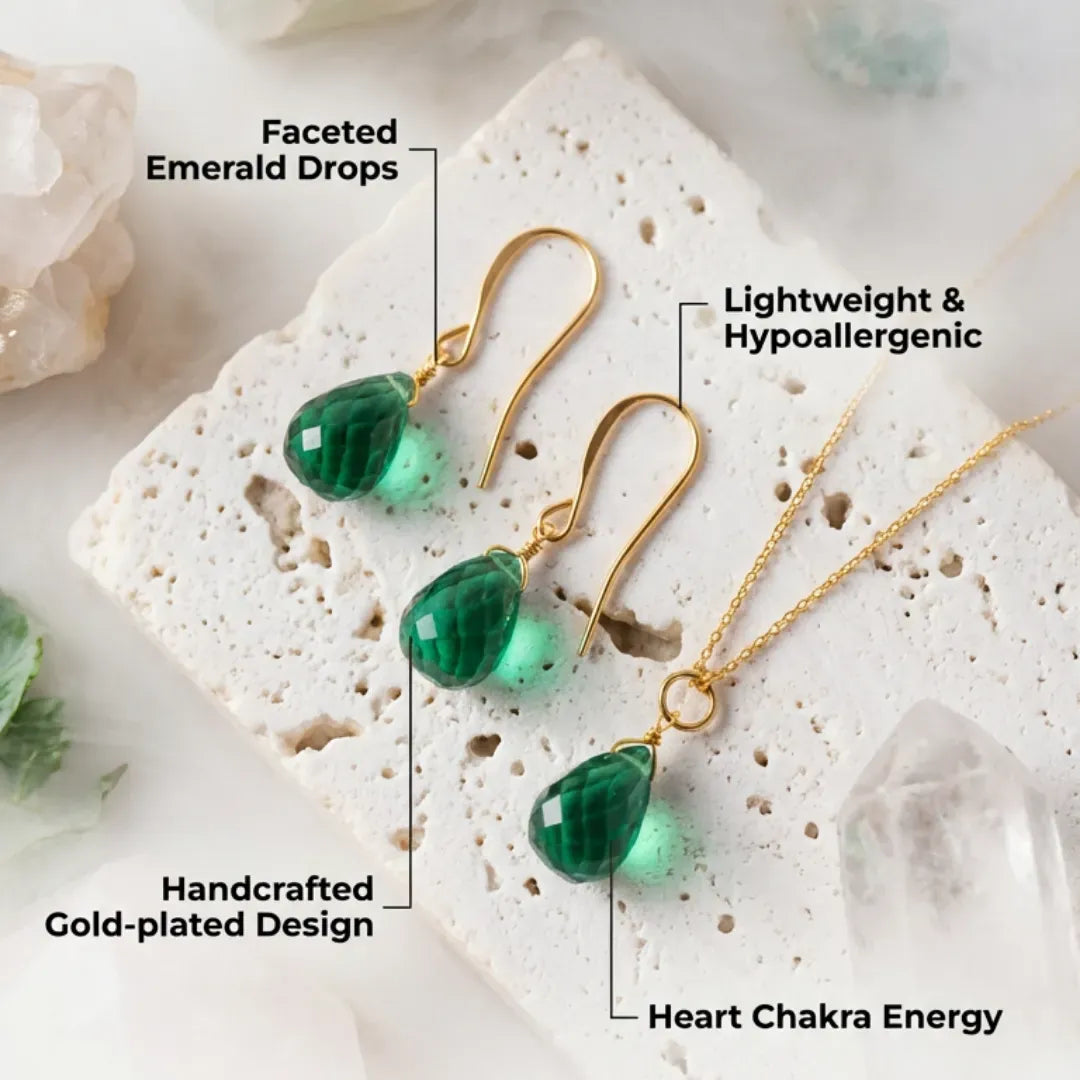 Green teardrop earrings with gold plating on a textured stone surface, labeled for features.