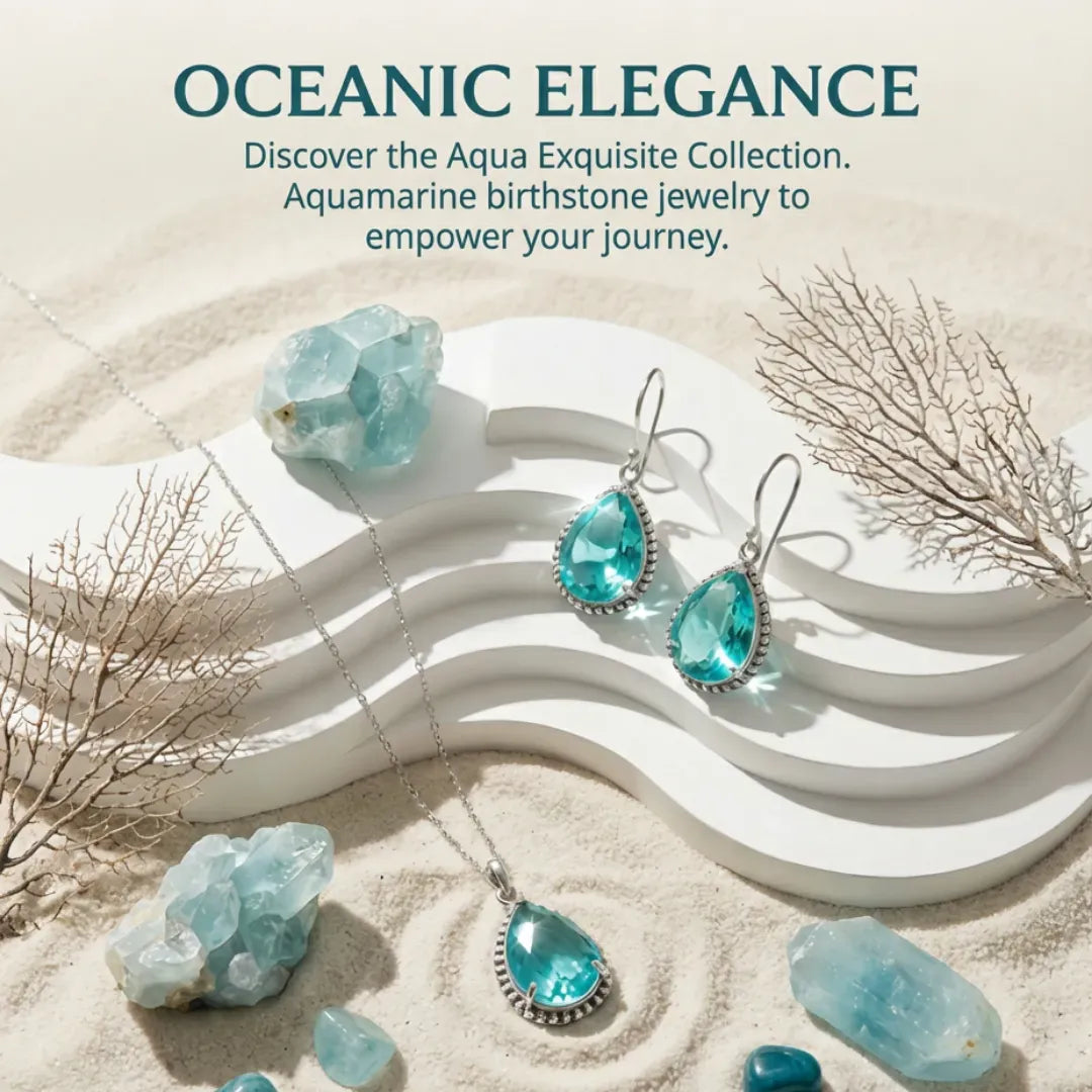 Aquamarine jewelry set with ocean-themed display including crystals and coral.