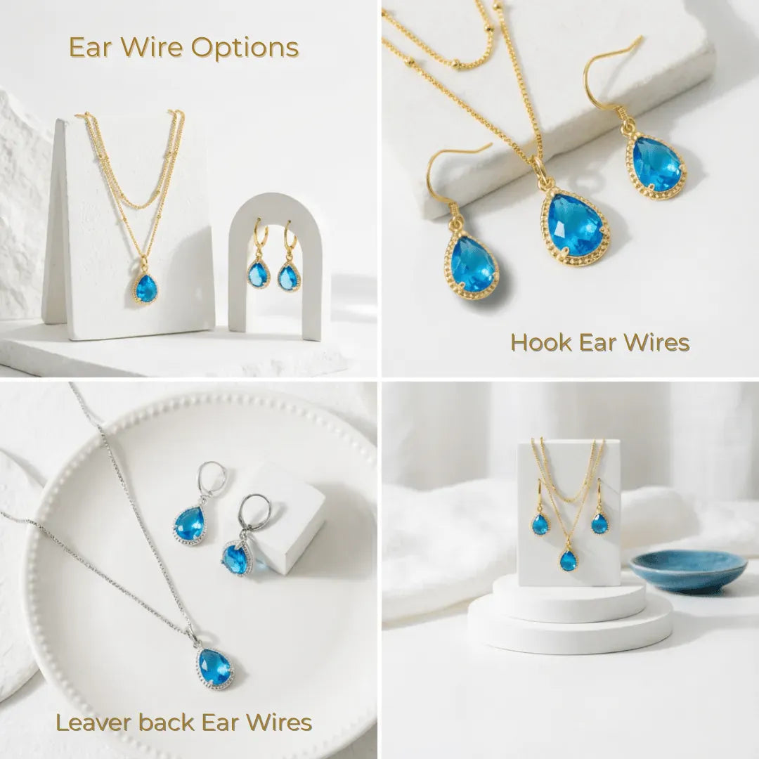 Jewelry set with blue teardrop pendants on different ear wire options including hook, lever back, and gold necklaces.