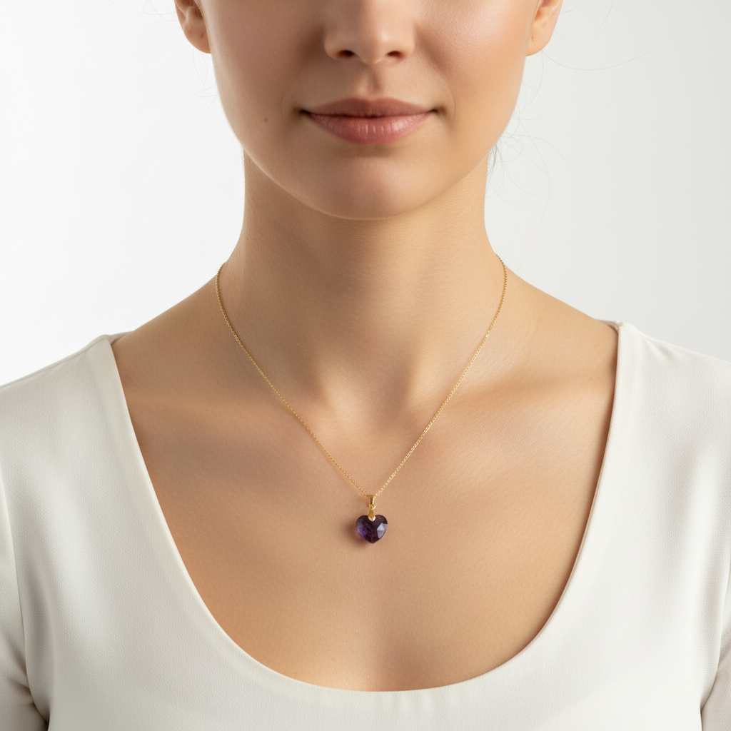 Gold plated genuine amethyst heart pendant necklace, February birthstone jewelry
