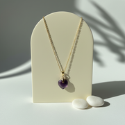 Gold plated genuine amethyst heart pendant on a fine chain, February birthstone jewelry