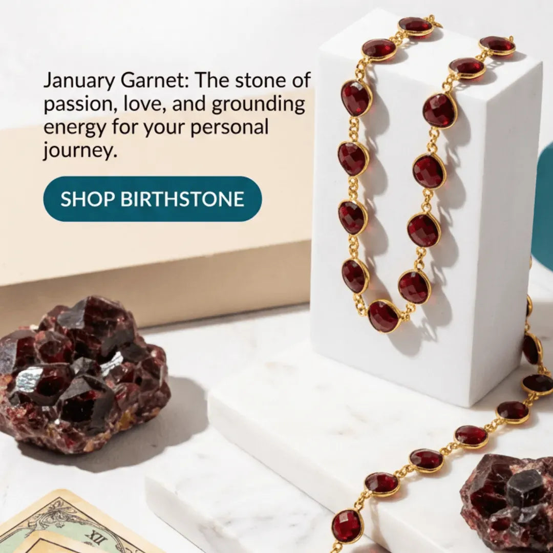 Garnet necklace with gold crescent moon charm on a white surface with tarot cards and crystal.