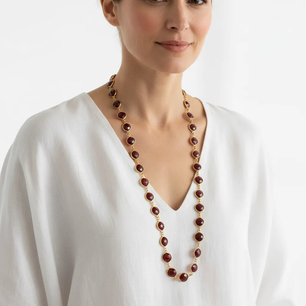 Faceted garnet gemstone chain necklace in gold, January birthstone jewelry