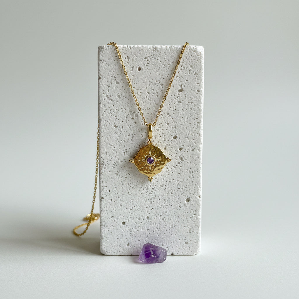 Gold hammered medallion necklace with purple amethyst CZ centre, February birthstone jewelry