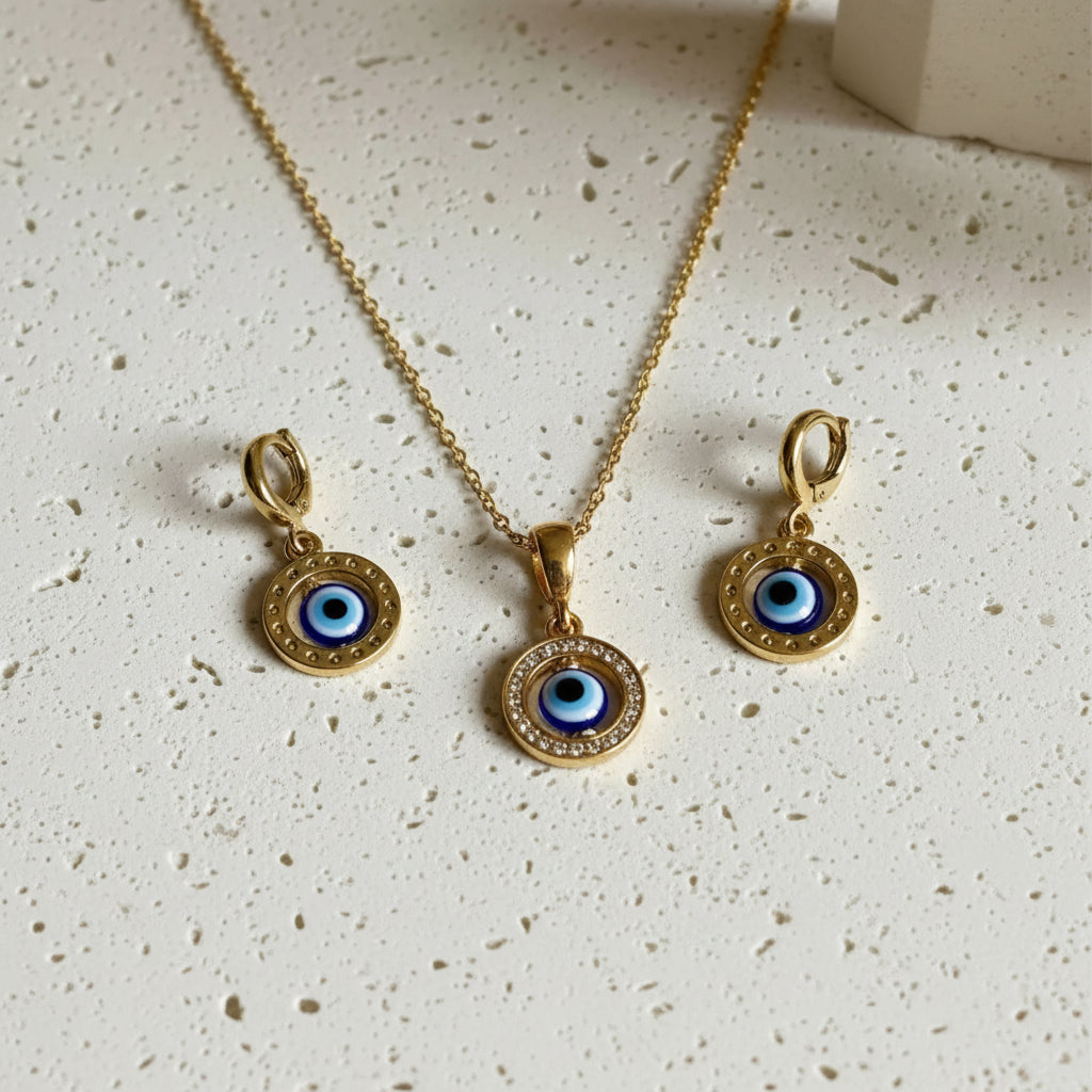 Floating Evil Eye Pendant & Leverback Earrings | 925 Sterling Silver