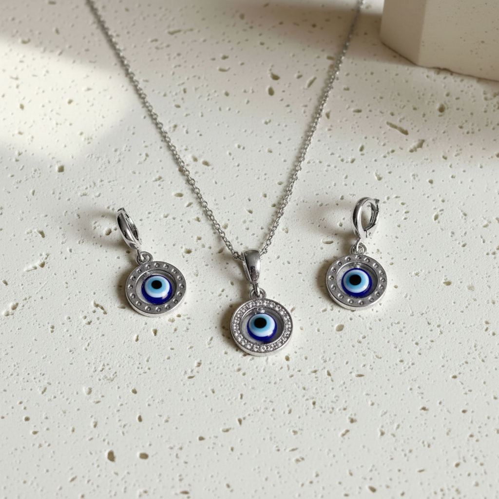 Floating evil eye necklace and leverback earrings in sterling silver, shown as a set