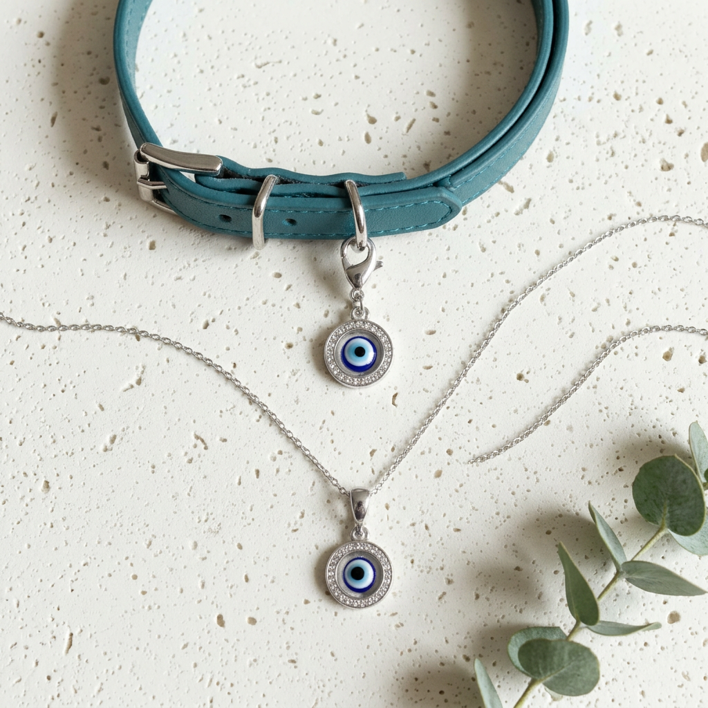 Floating evil eye owner necklace with matching sterling silver dog collar charm