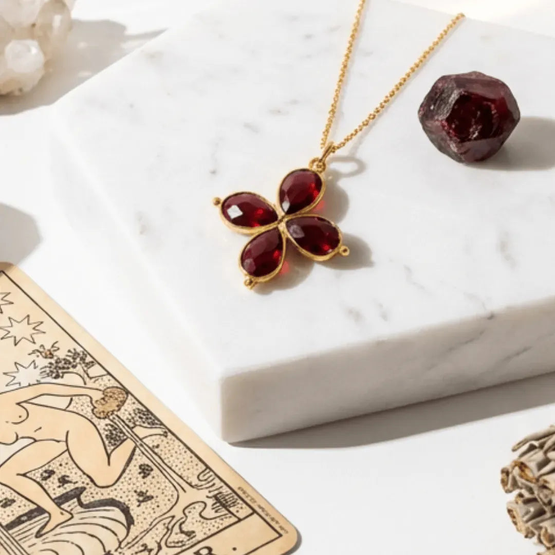Gold necklace with red gemstones on a marble surface with tarot cards and crystals.