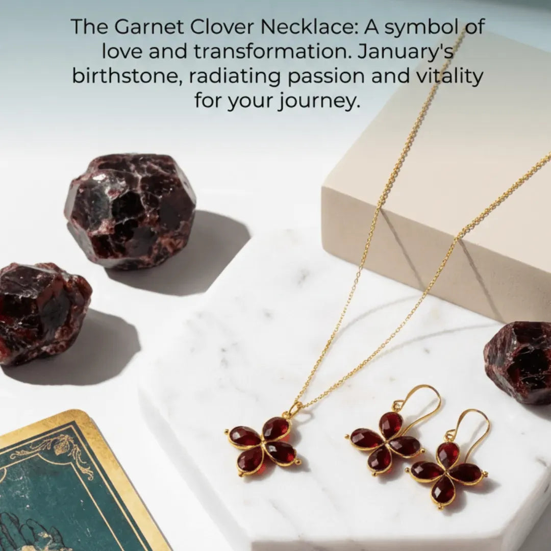 Garnet clover necklace and earrings on a marble surface with garnet stones and a book.