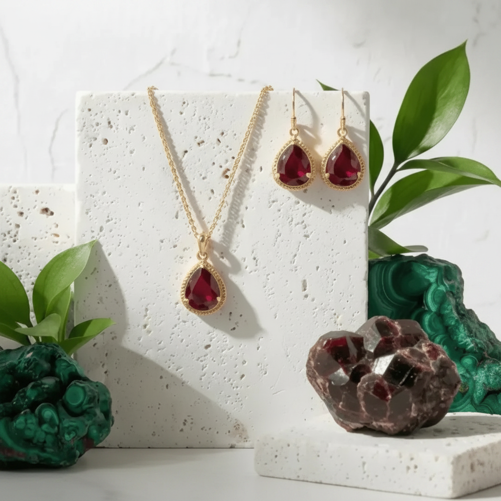 Ruby red teardrop necklace and earring set in gold — July birthstone jewelry