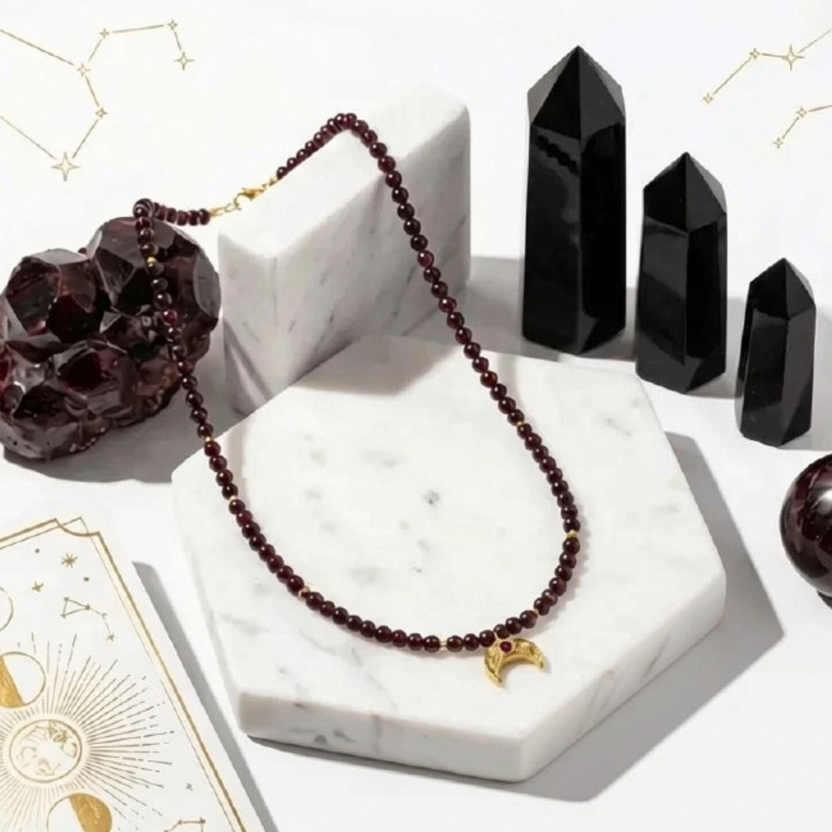 Garnet Moon necklace with crescent moon pendant, January birthstone jewelry
