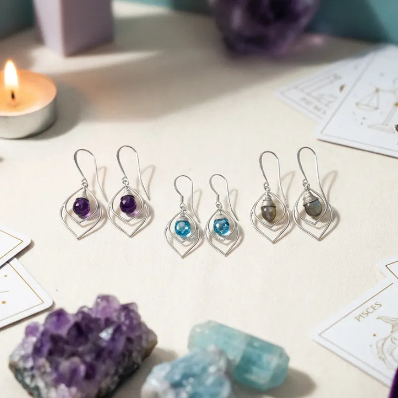 Amethyst or blue topaz teardrop earrings in silver with crystals
