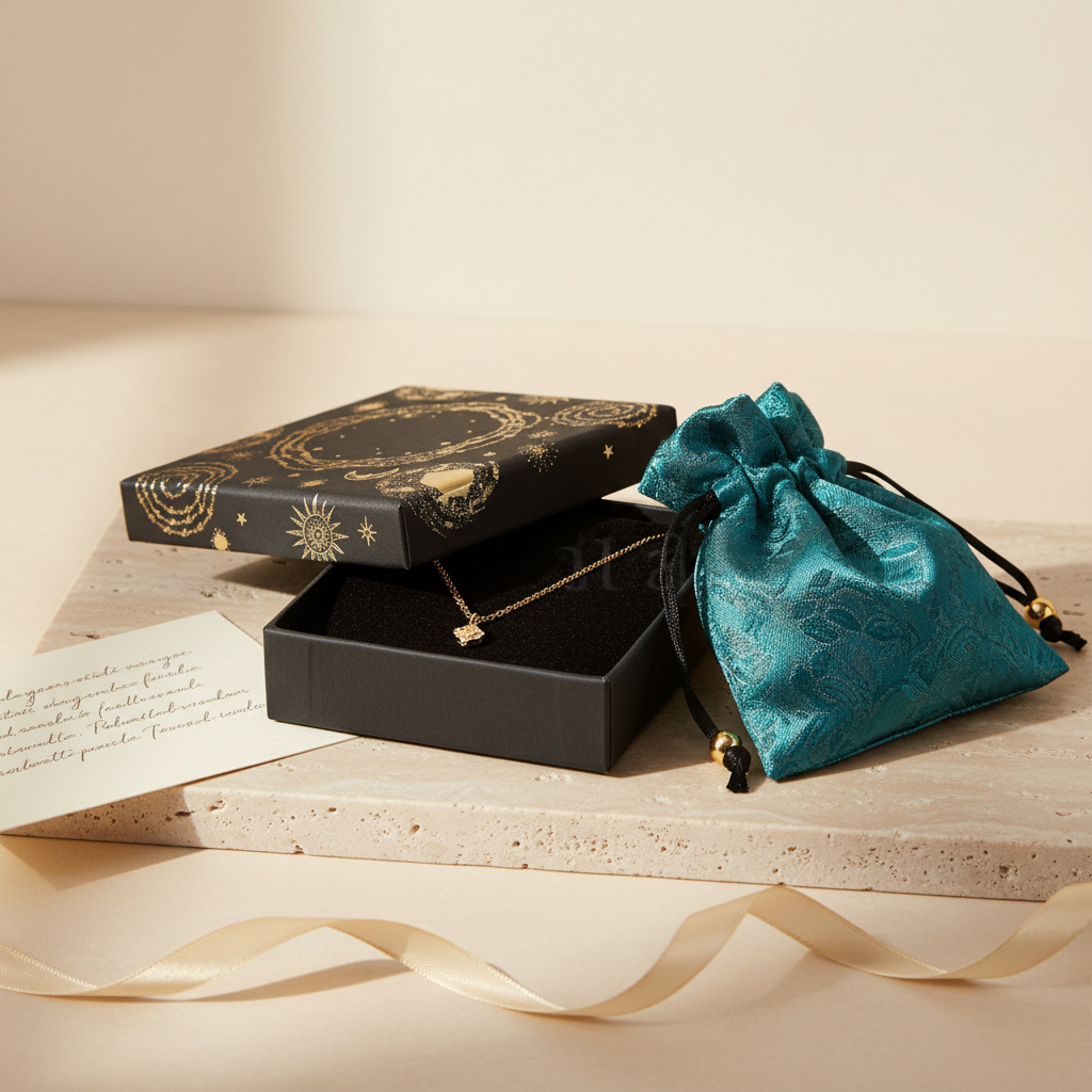 Black celestial gift box with gold foil sun and moon print, open to show a gold necklace on black velvet, beside a teal satin pouch and handwritten note card