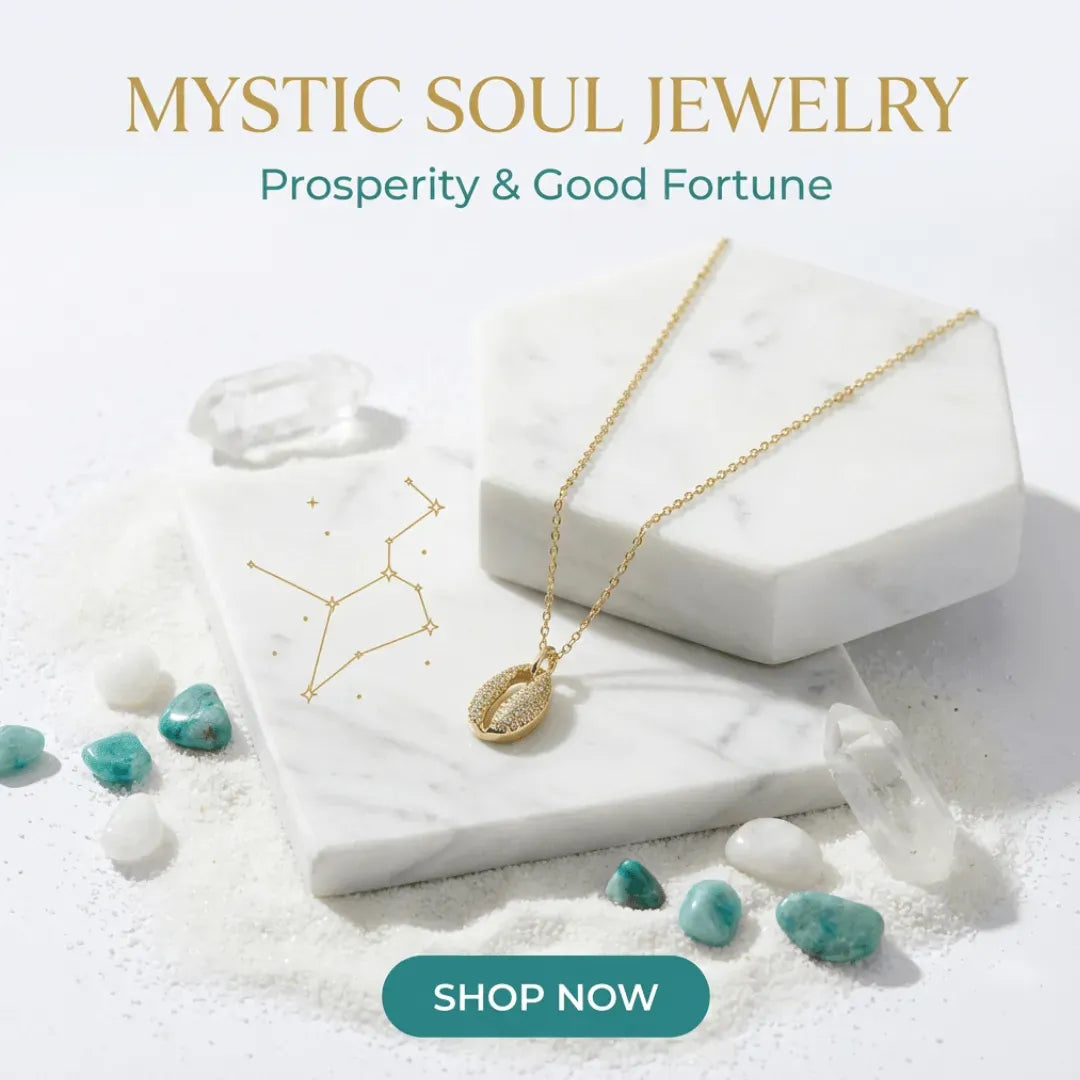 Mystic Soul Jewelry necklace on a marble surface with stones and a 'Shop Now' button.
