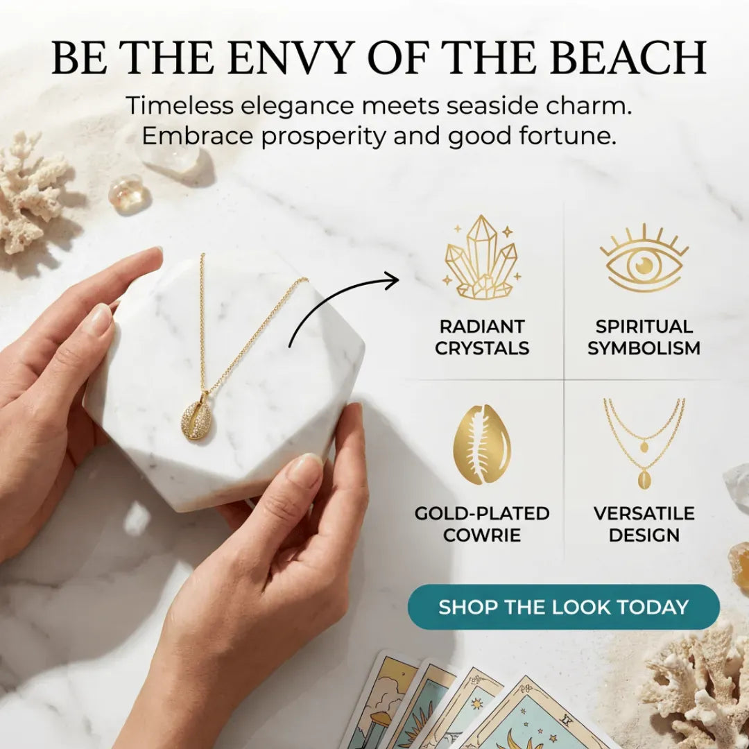 Jewelry box with a necklace, surrounded by beach-themed elements and text about product features.