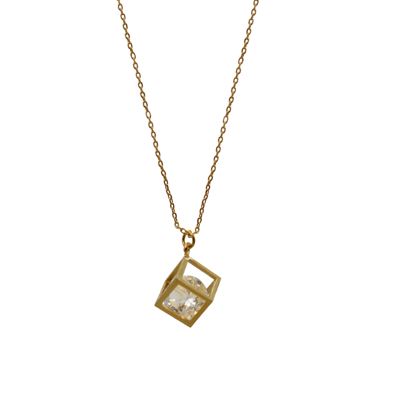 Gold necklace with a diamond pendant on a white background