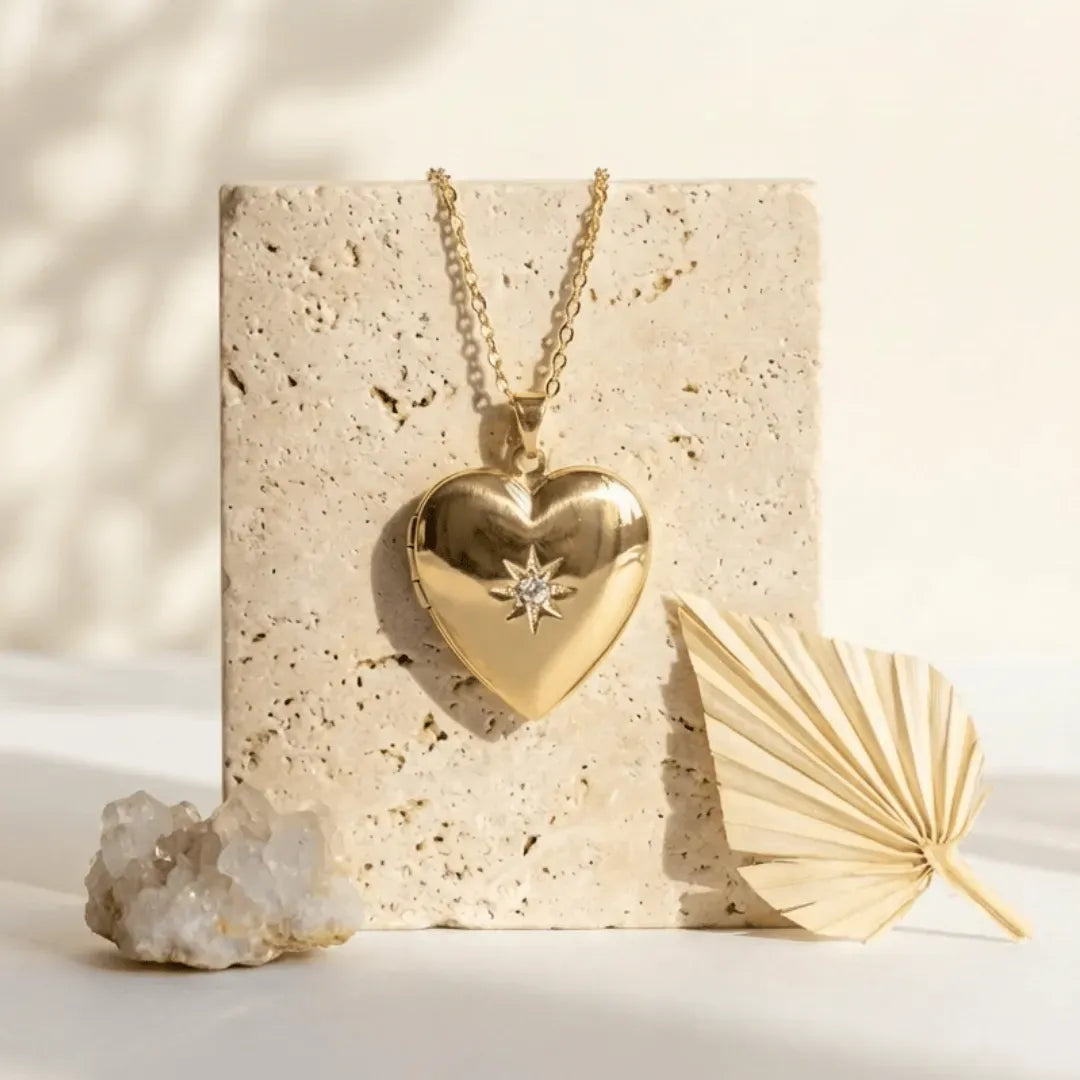 Gold heart locket necklace with star detail — spiritual symbol jewelry for love and memory
