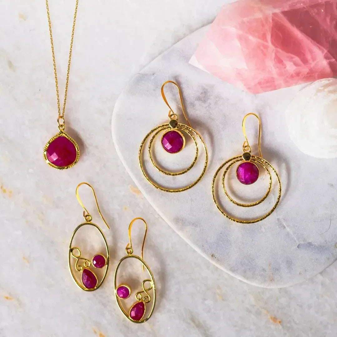 Gold Ruby Hoop Earrings and Pendant Necklace