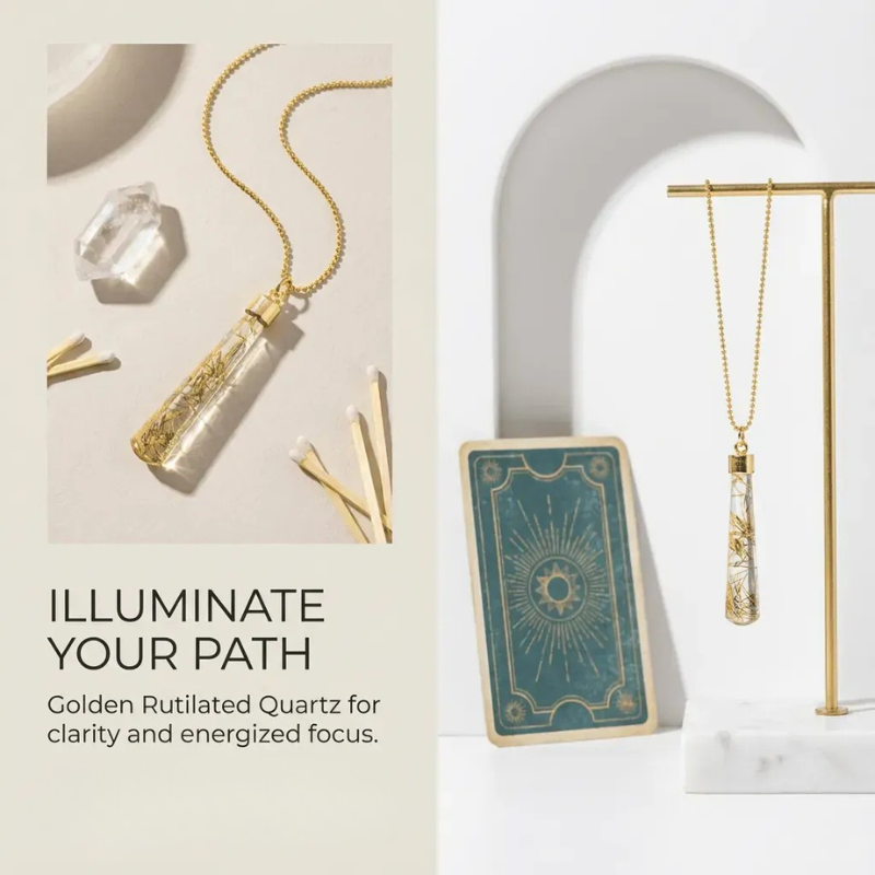 Gold necklace with pendant on a card, surrounded by crystals and geometric shapes, with text 'Illuminate Your Path'.