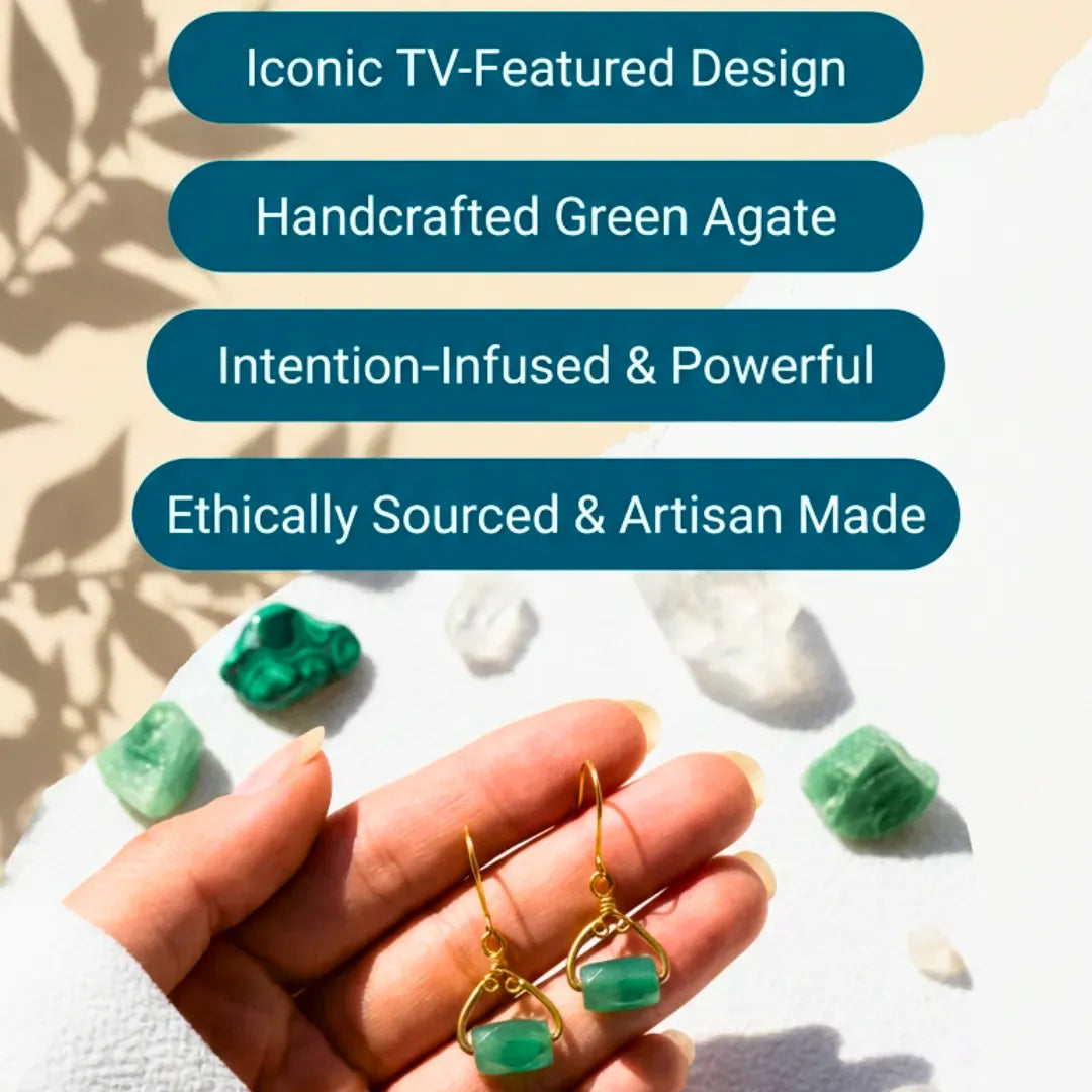 Green agate earrings held in a hand with text about design, material, and ethics.