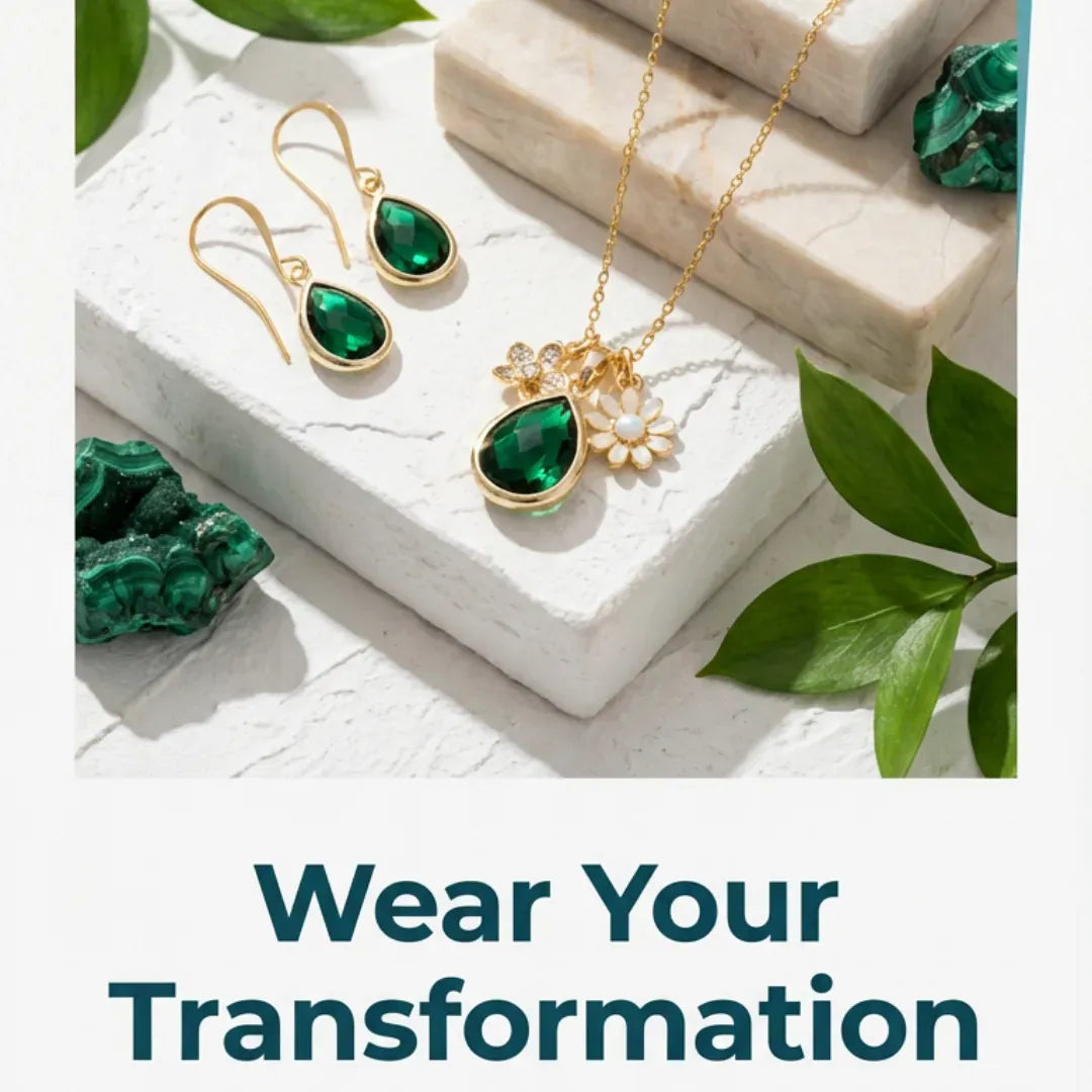 Jewelry set with green gemstones on a white surface with text 'Wear Your Transformation'.