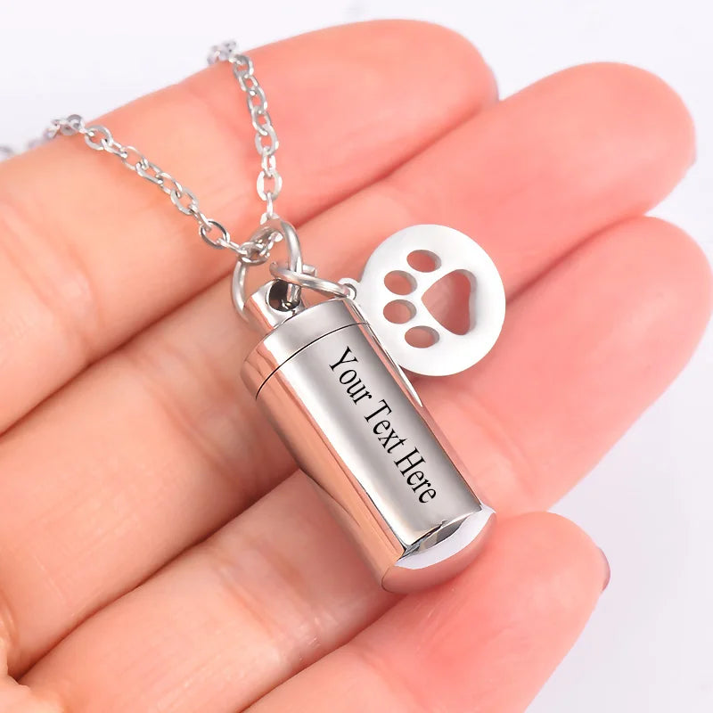 Pet Memorial Urn Necklace | Stainless Steel | Paw Charm Keepsake