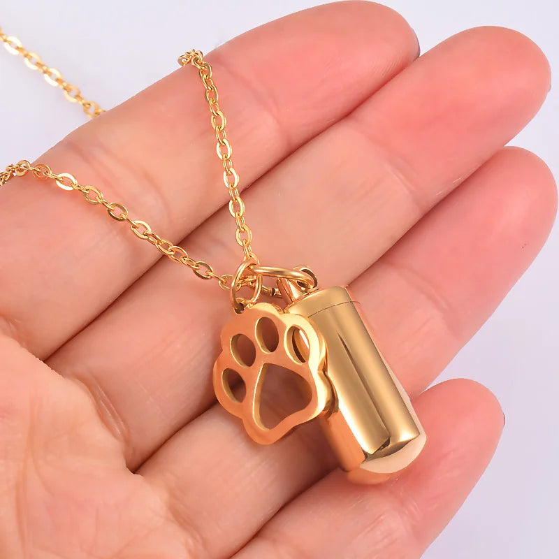 Pet Memorial Urn Necklace | Stainless Steel | Paw Charm Keepsake