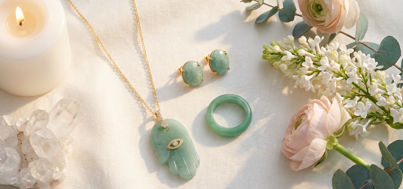 Jade jewelry including a necklace, ring, and earrings on a soft surface with flowers and a candle.