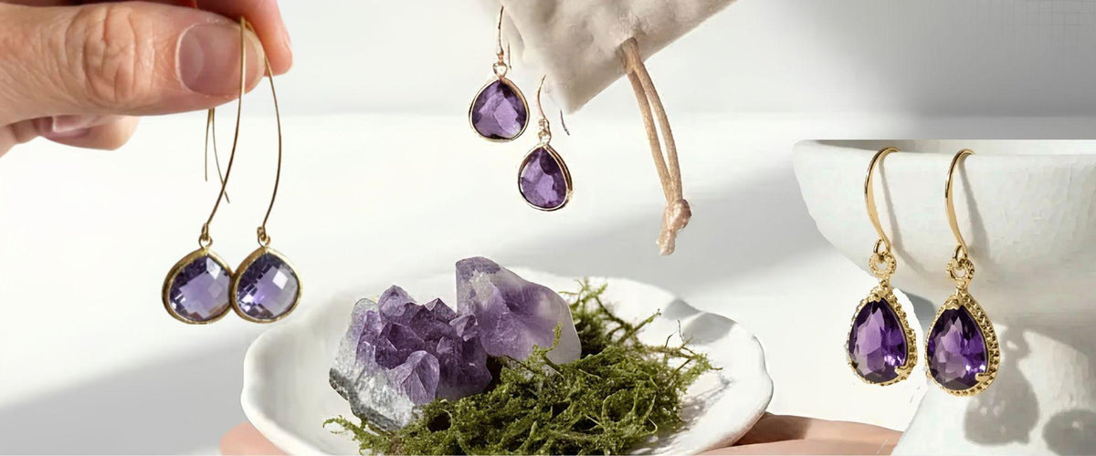 Teardrop-shaped purple amethyst earrings with gold hooks mystic jewelry