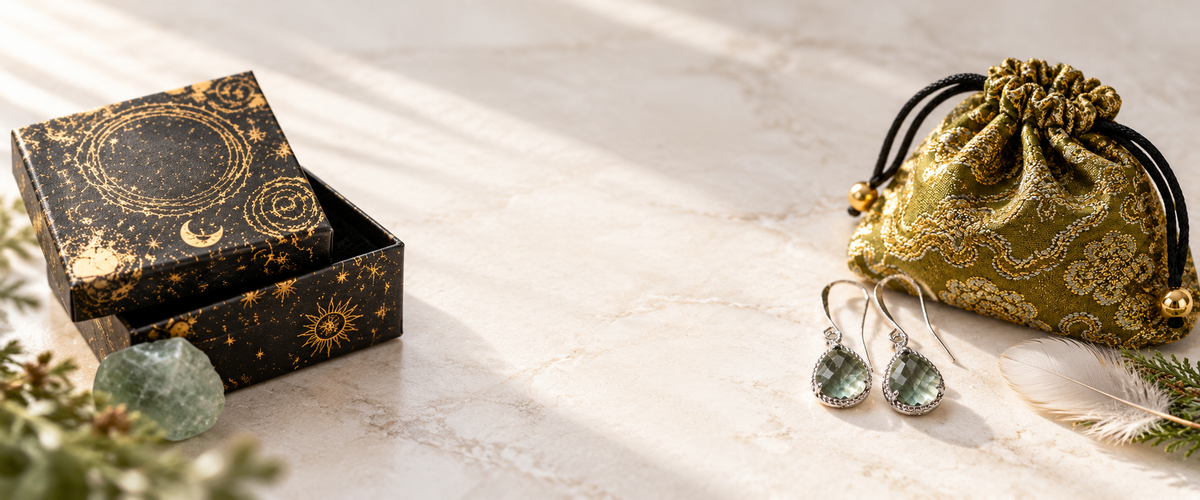 Celestial gift box and brocade gift bag with glass teardrop earrings, Mystic Soul Jewelry