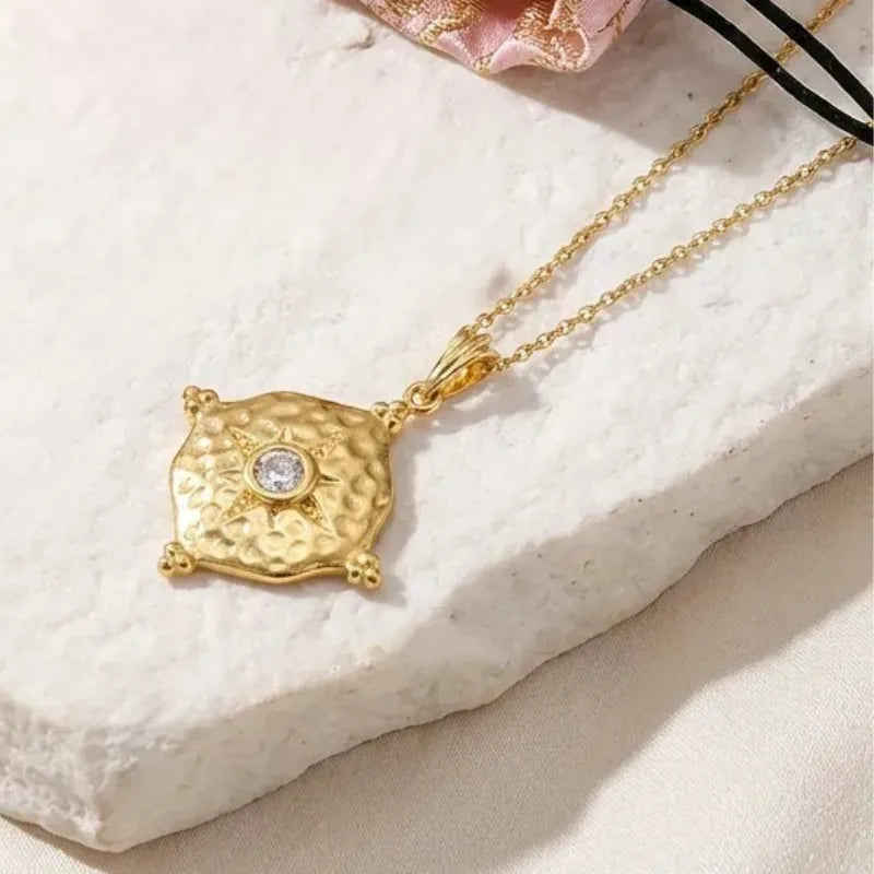 Gold hammered medallion necklace with CZ centre stone, waterproof stainless steel birthstone jewelry
