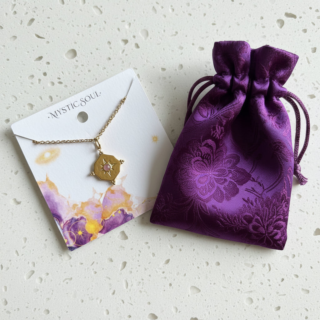 Gold hammered medallion necklace with pink CZ centre stone, Mystic Soul Jewelry gift bag and tag